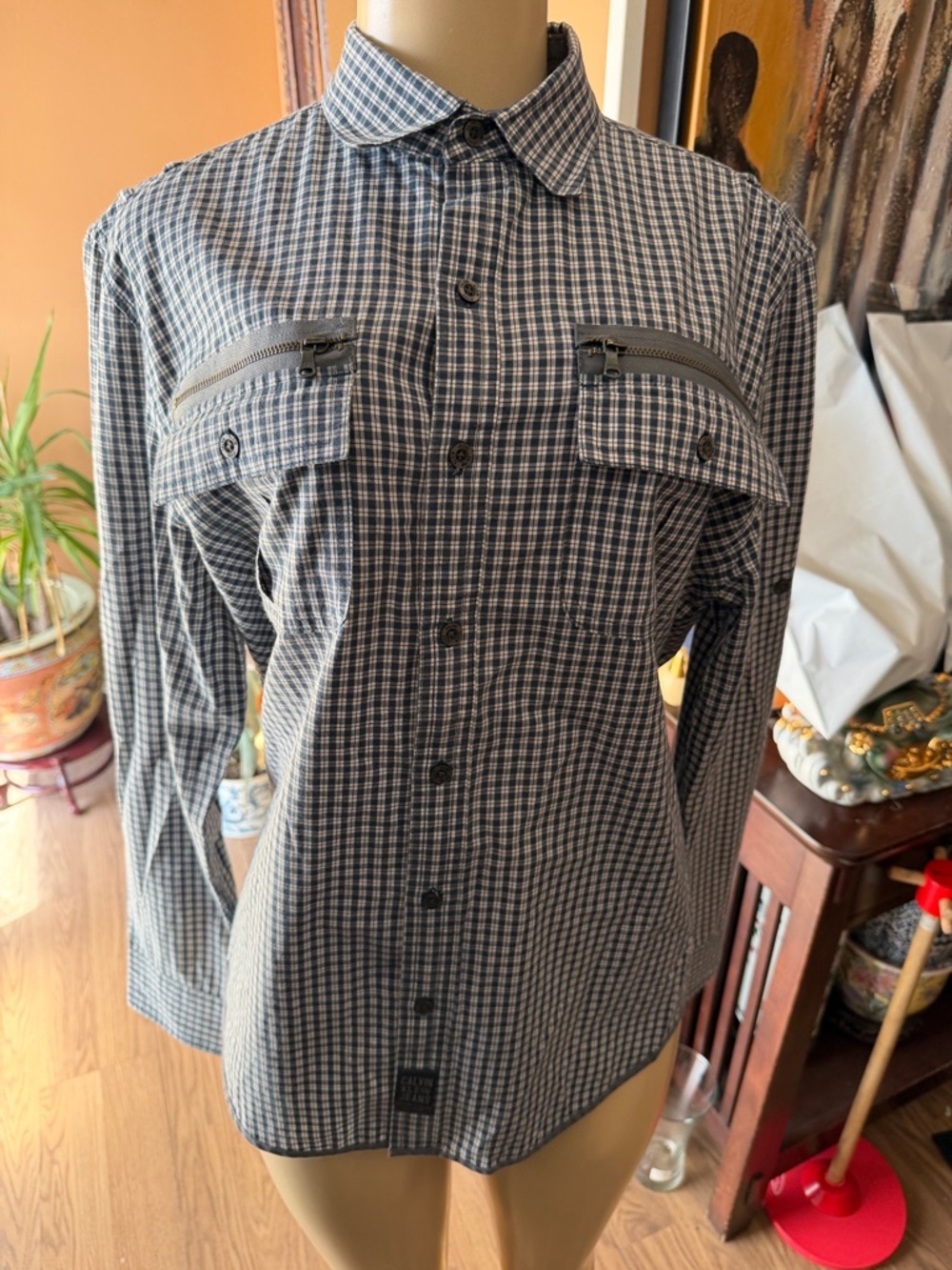 Calvin Klein Men's Blue and Gray Checked Button-Down Shirt